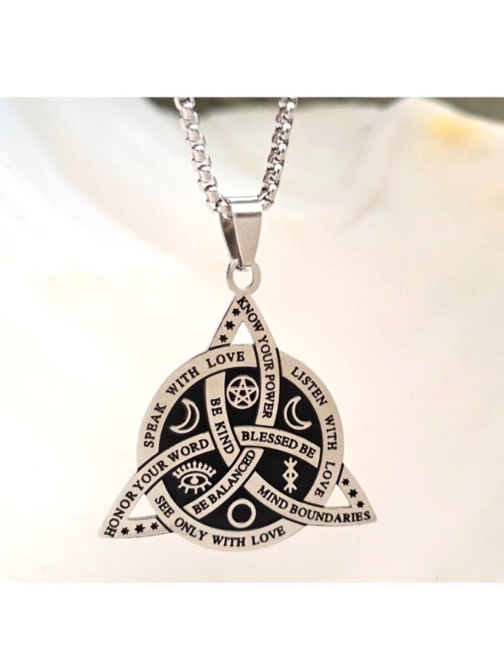 Triquetra Pendant Necklace With Inspirational Messages Stainless Steel 22" Rolo